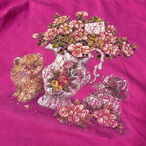 Vintage 90s Anvil Graphic Cat Floral Novelty Print Single Stitch T Shirt - Picture 2 of 10